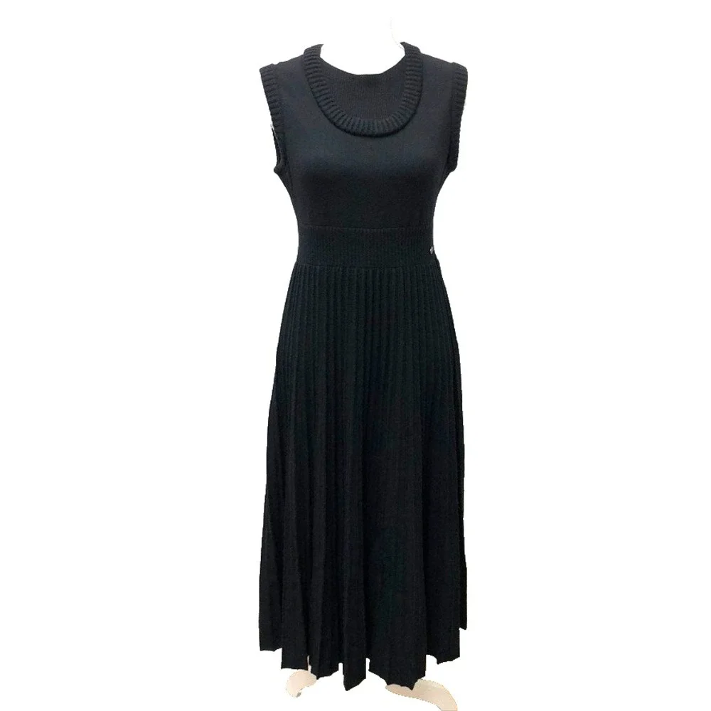 Chanel Knit Dress Womens 40 Women Black Pleated Sleeveless CC Logo Wool‎ Blend